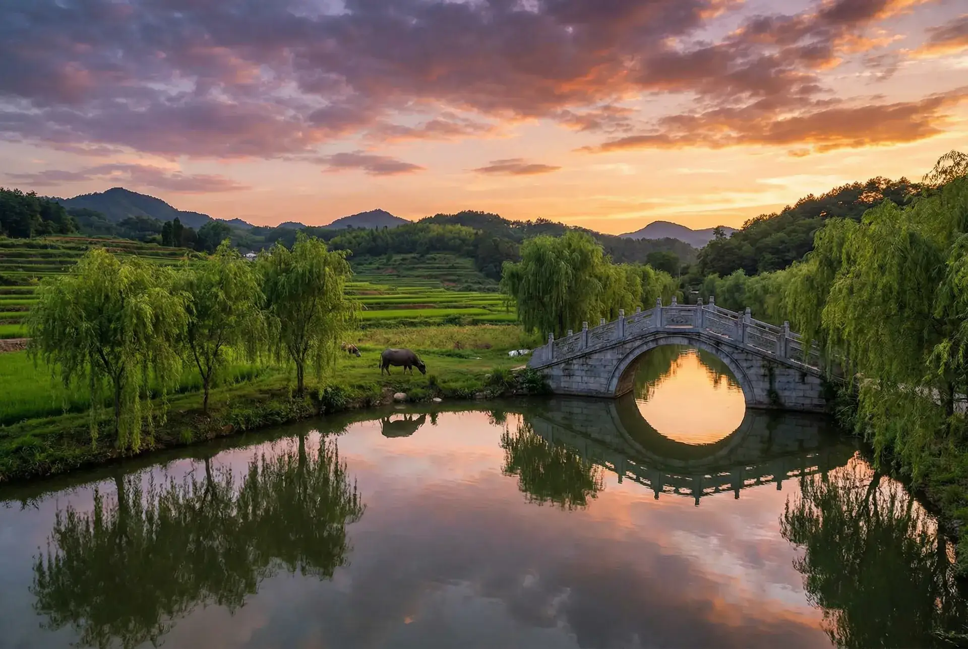 夕阳下的石拱桥与垂柳，水牛在河边吃草 - 做错一题做一次TXT 乡村美景